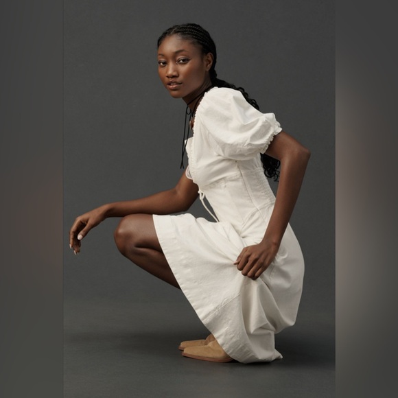 Anthropologie Puff-Sleeve Corset Linen Midi Dress, LARGE NWT - Picture 4 of 7